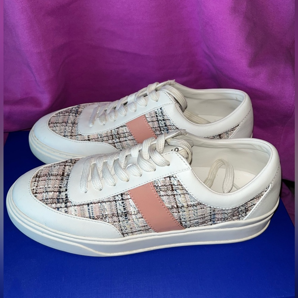 Stuart Weitzman Skater Tennis shoes- leather and Boucle. Pink plaid detail